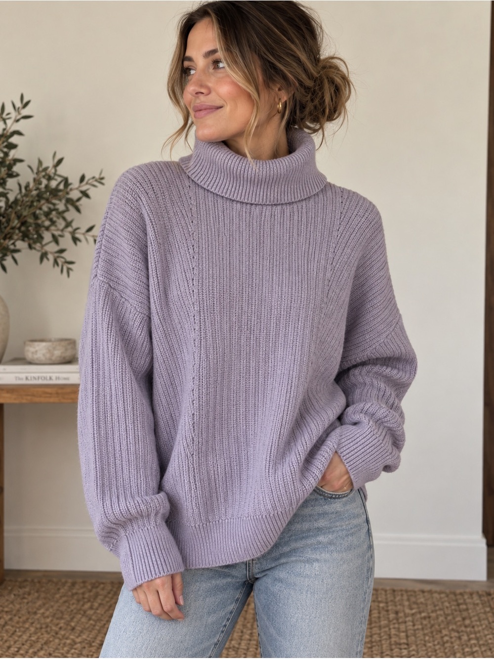 Lilac Oversized Turtleneck Sweater | Cozy Minimalist Knit Cotton Blend Medium